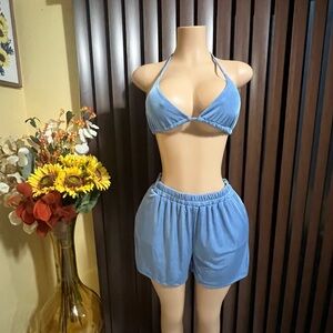 Blue Halter Bralette and Shorts Set